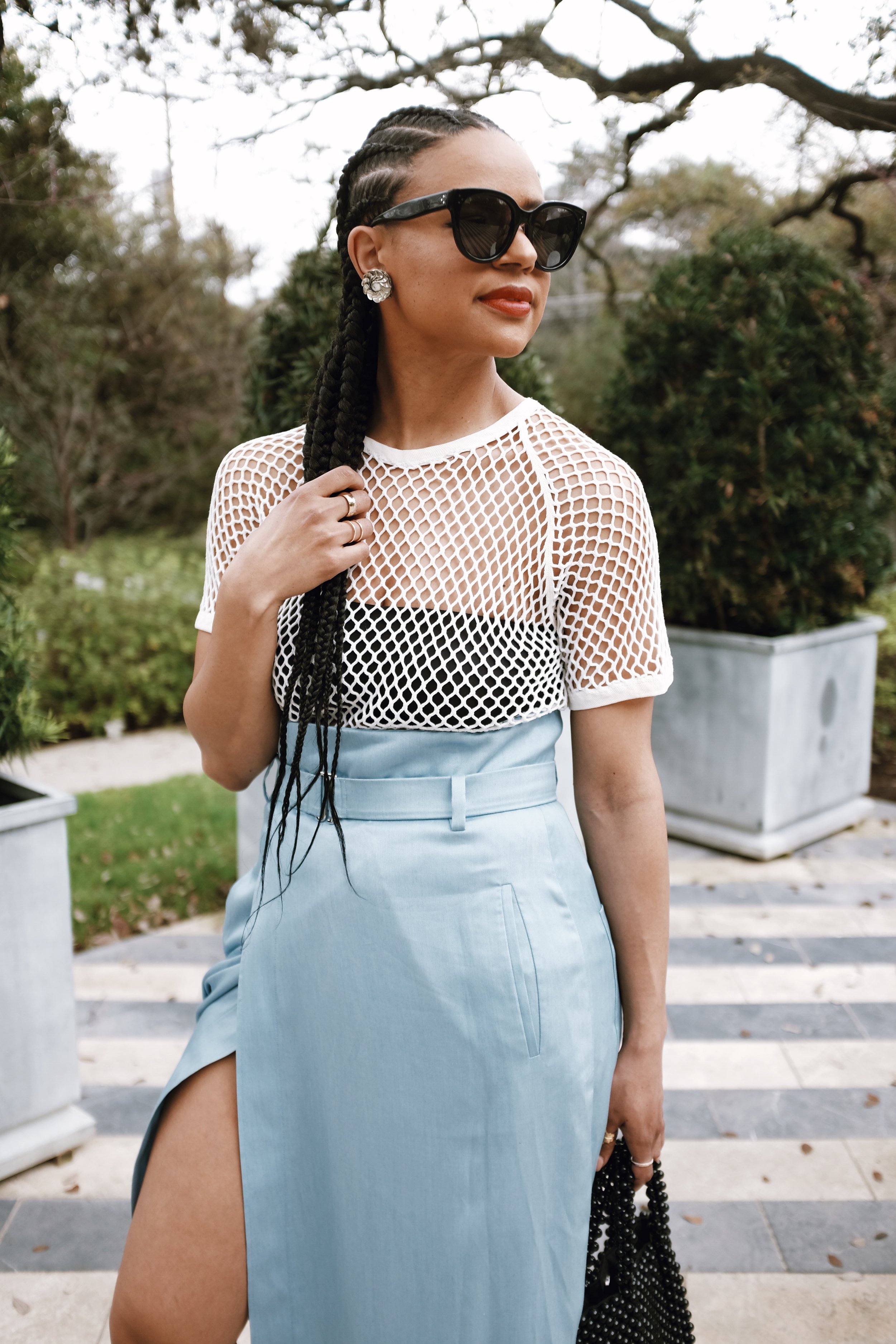  What I wore for the last supper together: Passport Vintage Mesh Top,  LIVELY Bandeau Bra , Tibi Midi Skirt, Zara Beaded Bag, Vintage Earrings. 